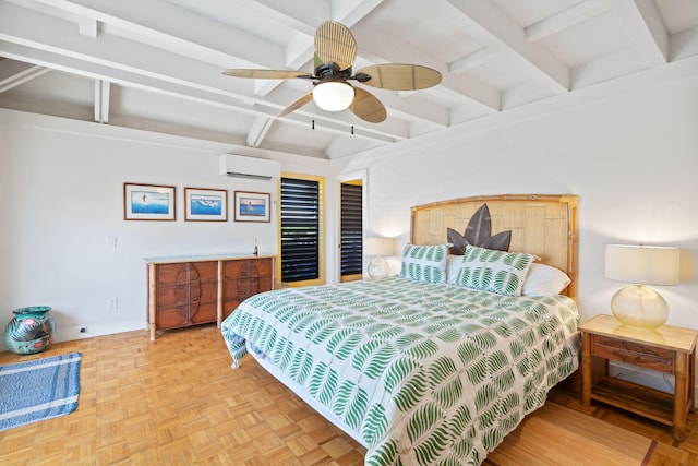 2321 Hoohu Rd, Koloa, HI 96756 - bedroom with a wall mounted air conditioner, beamed ceiling, a ceiling fan, and baseboards