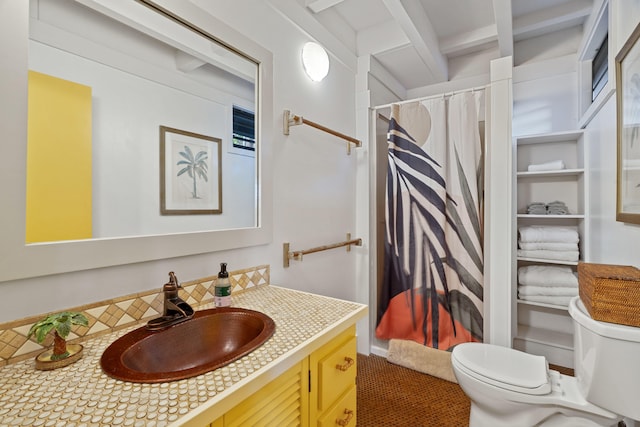 2321 Hoohu Rd, Koloa, HI 96756 - full bathroom with toilet, vanity, a shower with curtain, and beam ceiling