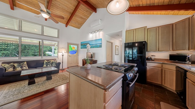 5-6691 Kuhio Hwy, Hanalei, HI 96714 - kitchen featuring black appliances, wood ceiling with exposed beams, ceiling fan, a kitchen island, and high vaulted ceiling