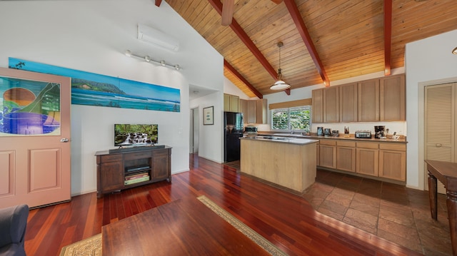 5-6691 Kuhio Hwy, Hanalei, HI 96714 - kitchen with freestanding refrigerator, a center island, high vaulted ceiling, wooden ceiling with exposed beams, and pendant lighting