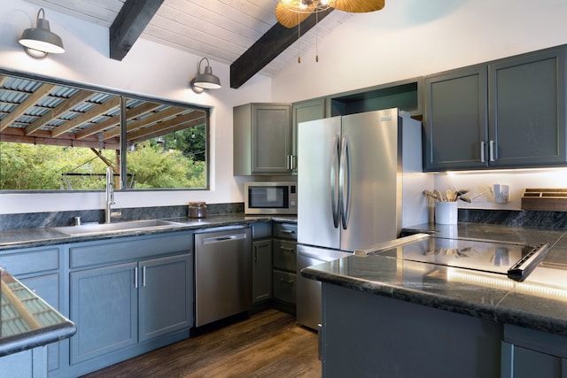 75-5811 Nani Kailua Pl, Kailua-Kona, HI 96740 - kitchen with stainless steel appliances, a sink, wooden ceiling, dark wood-type flooring, and a ceiling fan