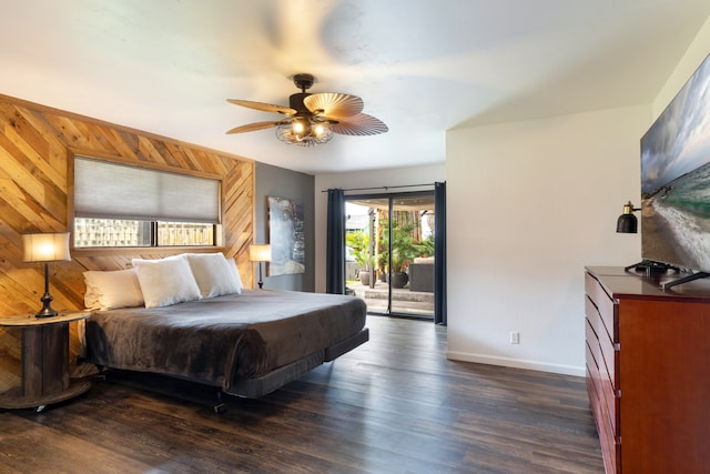75-5811 Nani Kailua Pl, Kailua-Kona, HI 96740 - bedroom featuring wooden walls, access to outside, baseboards, wood finished floors, and ceiling fan