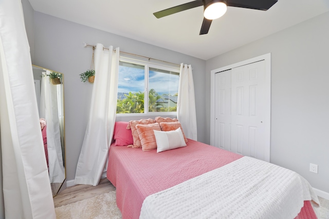 15-2804 Maikoiko St, Pahoa, HI 96778 - bedroom featuring light wood-style floors, a closet, a ceiling fan, and baseboards