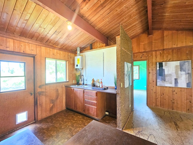 13-3403 Kumakahi St, Pahoa, HI 96778 - kitchen featuring wood walls, dark floors, wood ceiling, brown cabinetry, and water heater