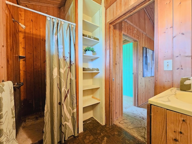13-3403 Kumakahi St, Pahoa, HI 96778 - full bathroom with curtained shower, vanity, wood walls, and built in shelves