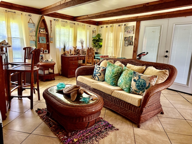 16-233 Orchid Land Dr, Keaau, HI 96749 - living area with light tile patterned floors and beam ceiling
