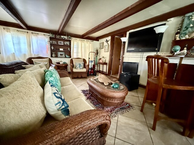 16-233 Orchid Land Dr, Keaau, HI 96749 - living area featuring light tile patterned floors and beamed ceiling