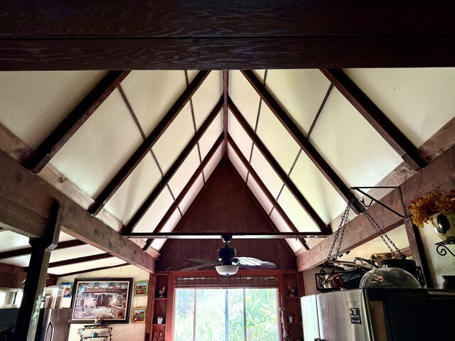 16-233 Orchid Land Dr, Keaau, HI 96749 - detailed view of stainless steel fridge with ice dispenser, a ceiling fan, wood walls, and beam ceiling