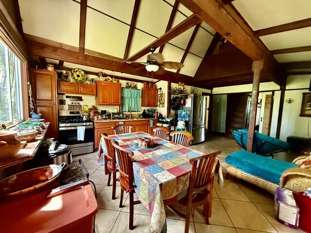 16-233 Orchid Land Dr, Keaau, HI 96749 - dining room featuring light tile patterned floors, a ceiling fan, high vaulted ceiling, and beamed ceiling