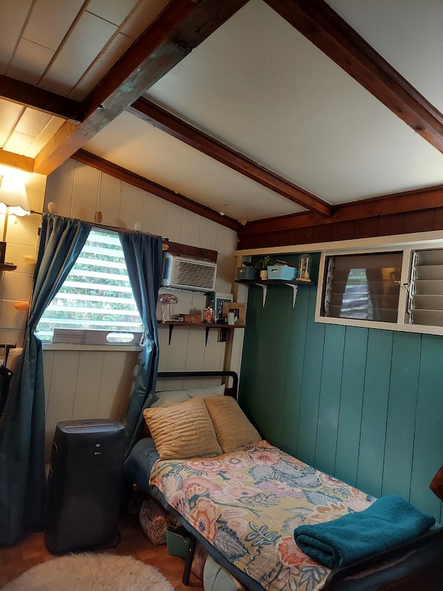 16-233 Orchid Land Dr, Keaau, HI 96749 - bedroom with beam ceiling, a wall mounted air conditioner, and wood finished floors