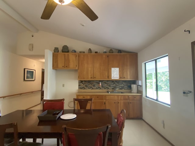 16-1397 35th Ave, Keaau, HI 96749 - kitchen with a sink, backsplash, a ceiling fan, light countertops, and brown cabinetry