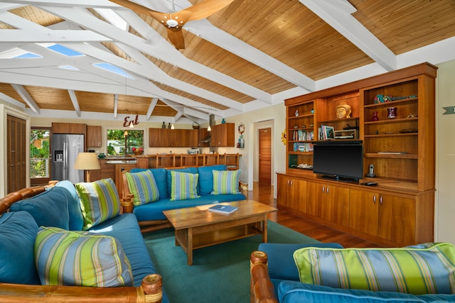 7205 Alealea Rd, Hanalei, HI 96722 - living area featuring wooden ceiling and dark wood-style floors