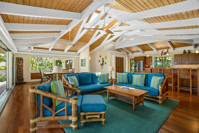 7205 Alealea Rd, Hanalei, HI 96722 - living room with wooden ceiling, wood finished floors, and plenty of natural light
