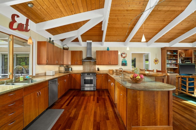 7205 Alealea Rd, Hanalei, HI 96722 - kitchen featuring stainless steel appliances, wall chimney exhaust hood, a sink, a peninsula, and wood ceiling with exposed beams