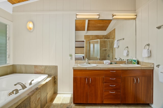 7205 Alealea Rd, Hanalei, HI 96722 - full bath with a shower stall, double vanity, a garden tub, wood ceiling, and lofted ceiling