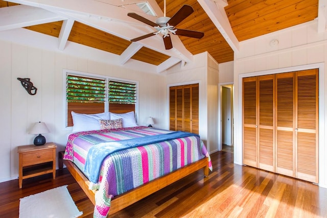 7205 Alealea Rd, Hanalei, HI 96722 - bedroom featuring wood finished floors, multiple closets, a ceiling fan, and wooden ceiling