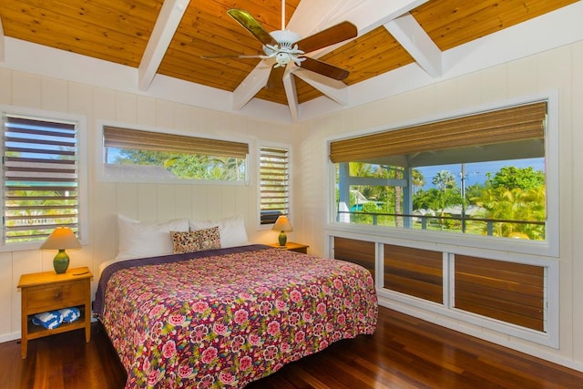 7205 Alealea Rd, Hanalei, HI 96722 - bedroom featuring wood finished floors, a wooden ceiling with exposed beams, and a ceiling fan