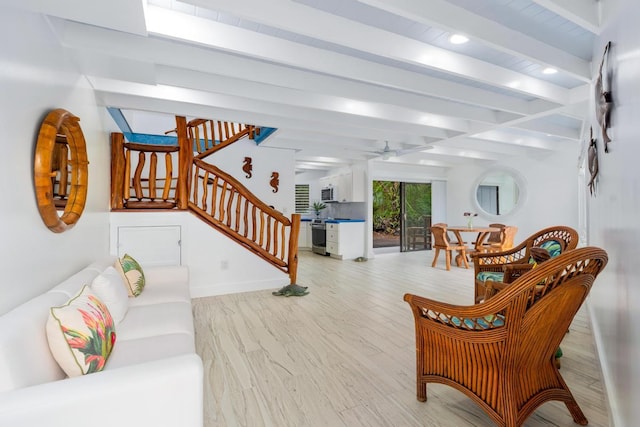 75-6150 Alii Dr Unit 7, Kailua-Kona, HI 96740 - living area with beamed ceiling, stairs, a ceiling fan, wood finished floors, and recessed lighting