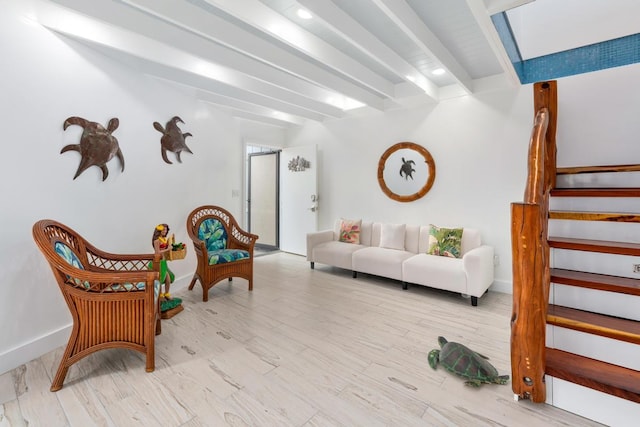 75-6150 Alii Dr Unit 7, Kailua-Kona, HI 96740 - living area with stairs, beamed ceiling, and recessed lighting