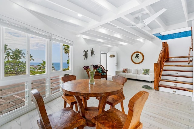 75-6150 Alii Dr Unit 7, Kailua-Kona, HI 96740 - dining room featuring beam ceiling, stairway, ceiling fan, and coffered ceiling