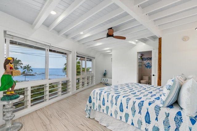 75-6150 Alii Dr Unit 7, Kailua-Kona, HI 96740 - bedroom with a water view, beamed ceiling, ceiling fan, and wood finished floors
