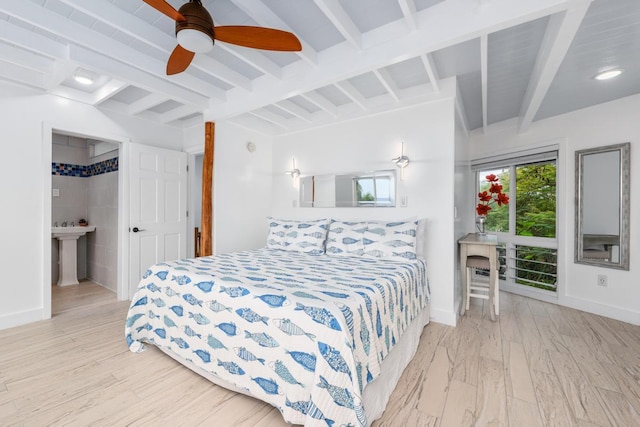 75-6150 Alii Dr Unit 7, Kailua-Kona, HI 96740 - bedroom with beamed ceiling, wood finished floors, and ceiling fan