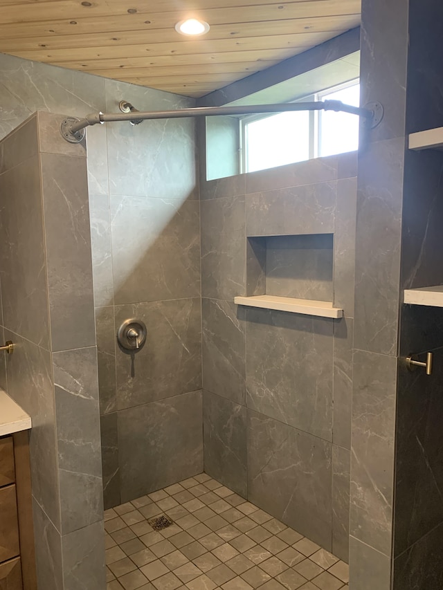 15-1685 1st Ave, Akala Keaau, HI 96749 - full bathroom featuring wood ceiling, tiled shower, recessed lighting, and vanity