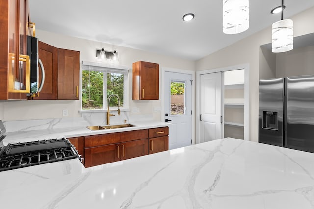 16-2168 Tree Fern Dr, Pahoa, HI 96778 - kitchen with a sink, stainless steel appliances, hanging light fixtures, light stone countertops, and vaulted ceiling