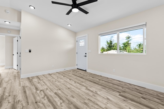 16-2168 Tree Fern Dr, Pahoa, HI 96778 - entrance foyer with ceiling fan, light wood-style flooring, baseboards, lofted ceiling, and recessed lighting