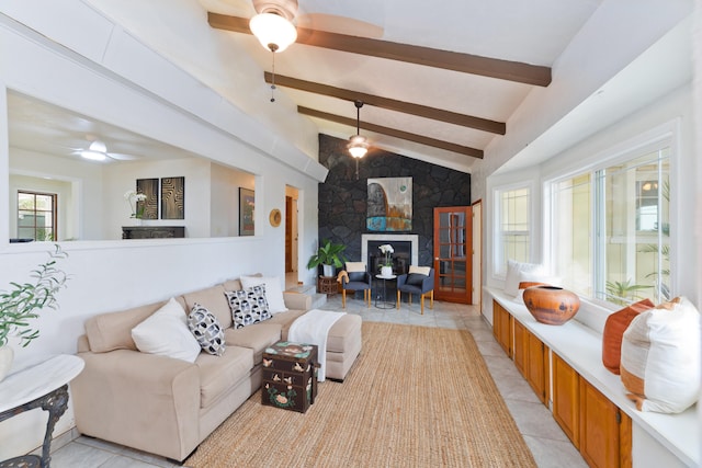 68-1884 Eha Ko Pl, Waikoloa, HI 96738 - living room featuring a fireplace, a ceiling fan, and light tile patterned flooring
