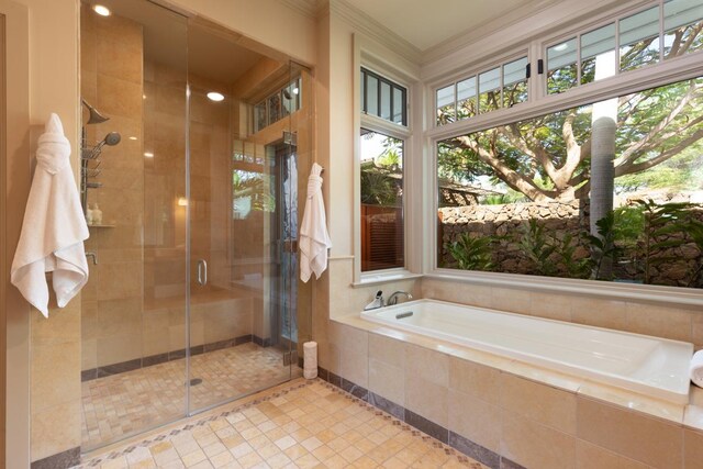 62-3512 Kaunaoa Lii Pl Unit 10B, Kamuela, HI 96743 - bathroom with a garden tub, a stall shower, healthy amount of natural light, crown molding, and tile patterned flooring