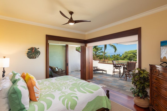 62-3512 Kaunaoa Lii Pl Unit 10B, Kamuela, HI 96743 - bedroom with access to outside, ornamental molding, wood finished floors, and ceiling fan