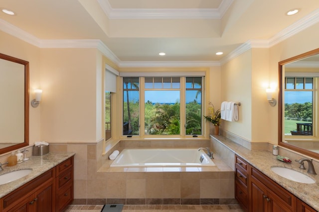 62-3512 Kaunaoa Lii Pl Unit 10B, Kamuela, HI 96743 - full bath featuring healthy amount of natural light, two vanities, a garden tub, recessed lighting, and crown molding