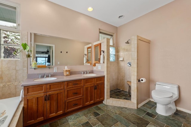 73-4685 Hina Lani St, Kailua-Kona, HI 96740 - bathroom featuring plenty of natural light, walk in shower, toilet, and double vanity