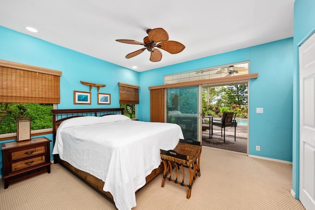 73-4685 Hina Lani St, Kailua-Kona, HI 96740 - bedroom with access to exterior, carpet flooring, baseboards, a ceiling fan, and recessed lighting