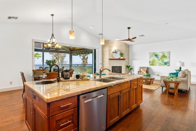 73-4566 Kukuki St, Kailua-Kona, HI 96740 - kitchen featuring stainless steel dishwasher, open floor plan, a fireplace, dark wood-style floors, and high vaulted ceiling