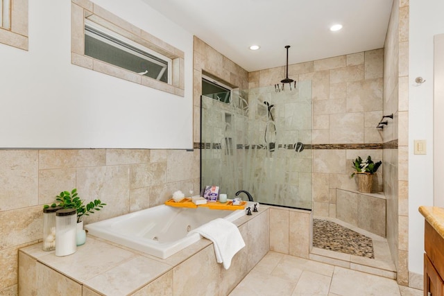 73-4566 Kukuki St, Kailua-Kona, HI 96740 - bathroom with a tub with jets, a tile shower, recessed lighting, and vanity