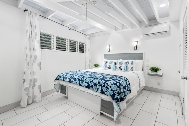 75-6150 Alii Dr Unit 8, Kailua-Kona, HI 96740 - bedroom featuring a wall mounted air conditioner, beam ceiling, tile patterned flooring, and baseboards