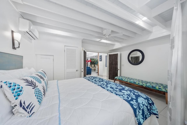 75-6150 Alii Dr Unit 8, Kailua-Kona, HI 96740 - bedroom featuring a wall mounted AC, beamed ceiling, tile patterned flooring, and a ceiling fan