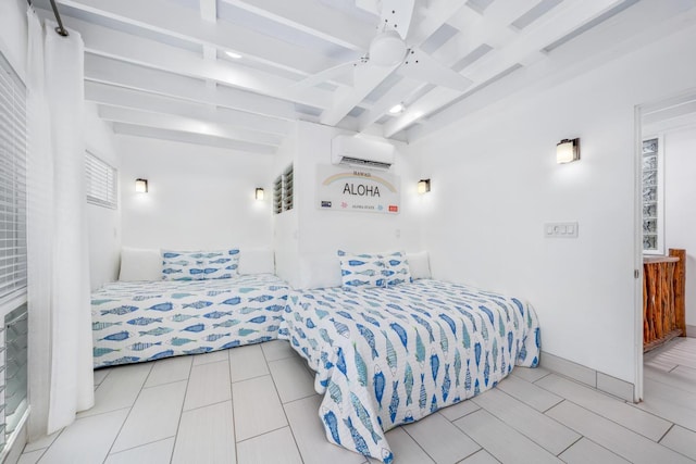 75-6150 Alii Dr Unit 8, Kailua-Kona, HI 96740 - tiled bedroom with a wall mounted AC, beam ceiling, and ceiling fan