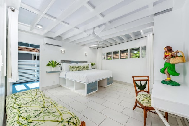 75-6150 Alii Dr Unit 8, Kailua-Kona, HI 96740 - bedroom featuring a wall mounted AC, beam ceiling, light tile patterned floors, and baseboards