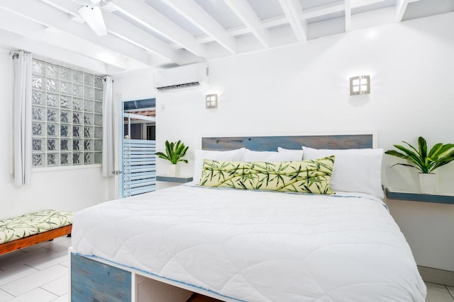 75-6150 Alii Dr Unit 8, Kailua-Kona, HI 96740 - tiled bedroom with an AC wall unit and beam ceiling