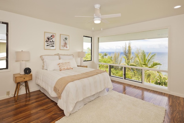 724-B Wainaku St, Hilo, HI 96720 - bedroom featuring dark wood-type flooring, baseboards, recessed lighting, a water view, and ceiling fan
