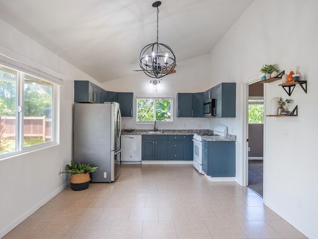 12-7038 Kehauopuna St, Pahoa, HI 96778 - kitchen featuring appliances with stainless steel finishes, a chandelier, a sink, lofted ceiling, and decorative light fixtures