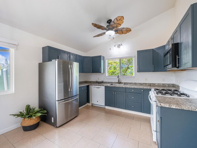 12-7038 Kehauopuna St, Pahoa, HI 96778 - kitchen featuring white appliances, a sink, a ceiling fan, lofted ceiling, and light countertops