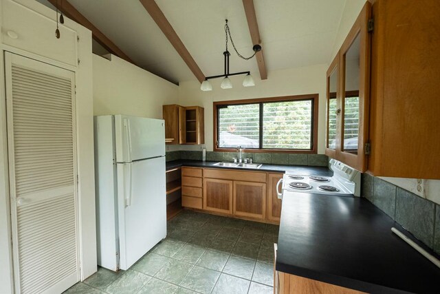 15-1625 11th Ave, Keaau, HI 96749 - kitchen featuring white appliances, a sink, dark countertops, brown cabinetry, and tile patterned flooring