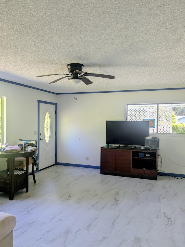 15-2714 Nenue St, Pahoa, HI 96778 - living area with a textured ceiling, ceiling fan, and light marble finish floors
