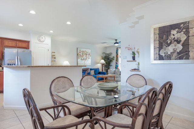 69-180 Waikoloa Beach Dr Unit A2, Waikoloa, HI 96738 - dining space featuring light tile patterned floors, recessed lighting, a ceiling fan, baseboards, and ornamental molding