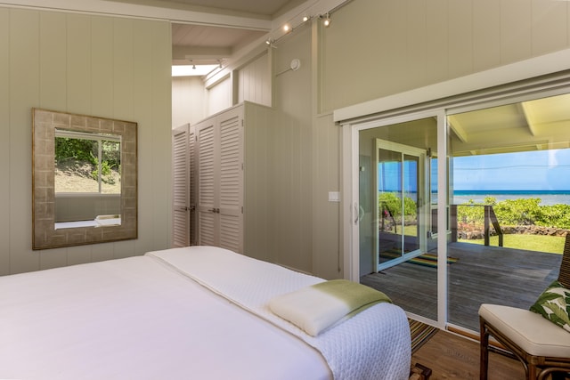 4059 Anini Rd, Kilauea, HI 96754 - bedroom featuring access to exterior, wood finished floors, a closet, a decorative wall, and a water view