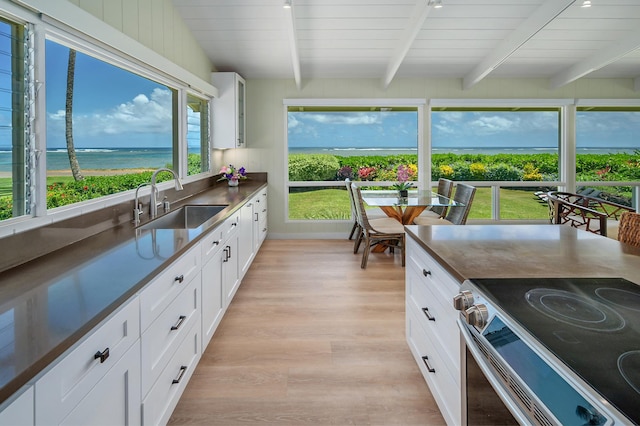 4059 Anini Rd, Kilauea, HI 96754 - kitchen featuring light wood finished floors, dark countertops, white cabinets, electric range, and a wood ceiling with exposed beams